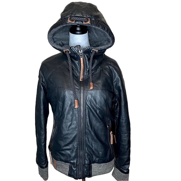 Womens Naketano Hoodie Jacket Size Large Black Faux Leather Fake